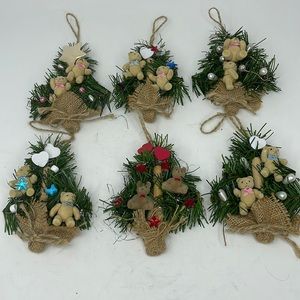 Vintage Handmade  Miniature Teddie Bears Christmas Ornaments - Lot of 6